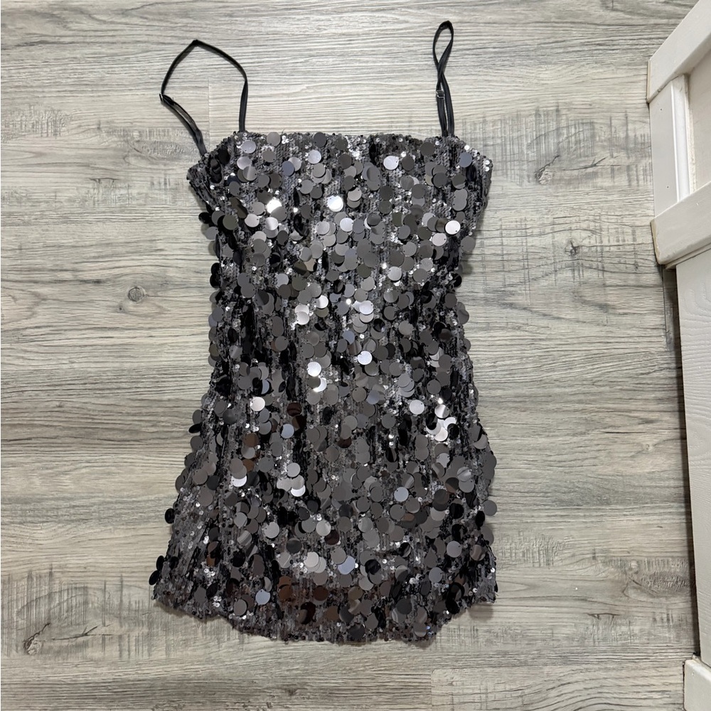 Sequined Spaghetti Strap Party Dress in Gunmetal EDIKTED